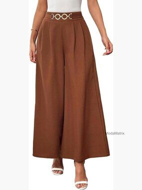 Wide Leg Palazzo Pants High Waisted Elastic Waist Pleated Trousers Flowy Dress